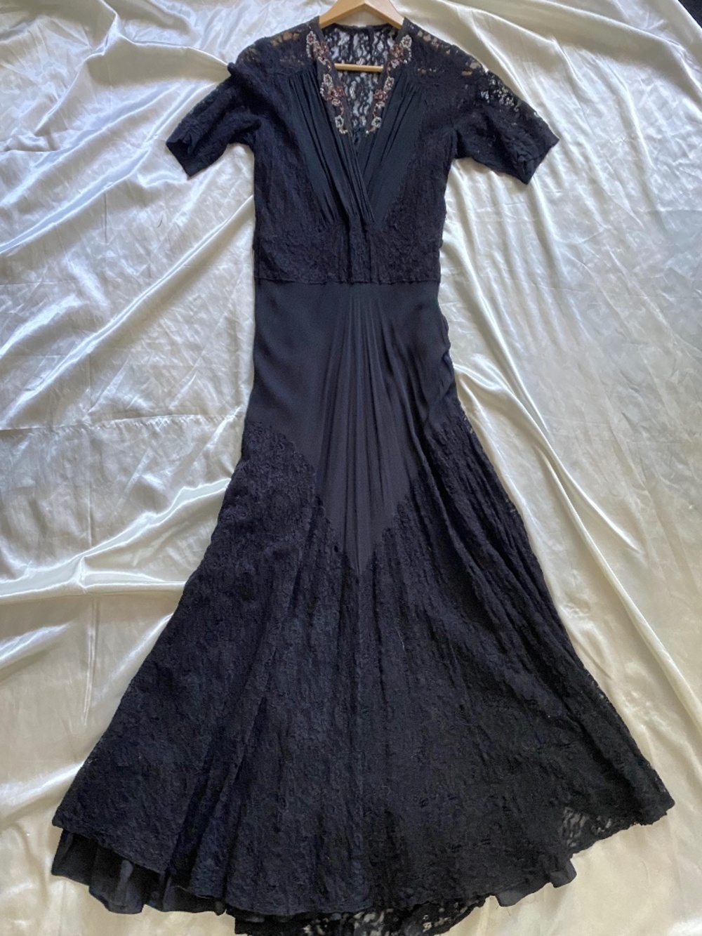 Vintage 1930s Black Lace Beaded Bias Cut Dress Small / Medium